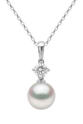 Classic Pendant Necklace, 18k White Gold, Diamond & 9mm Pearl